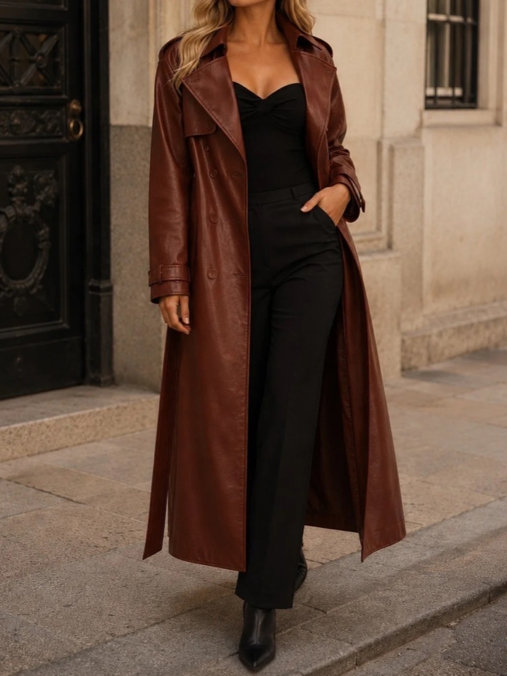 Viral Rust Brown Faux Leather Trench Coat
